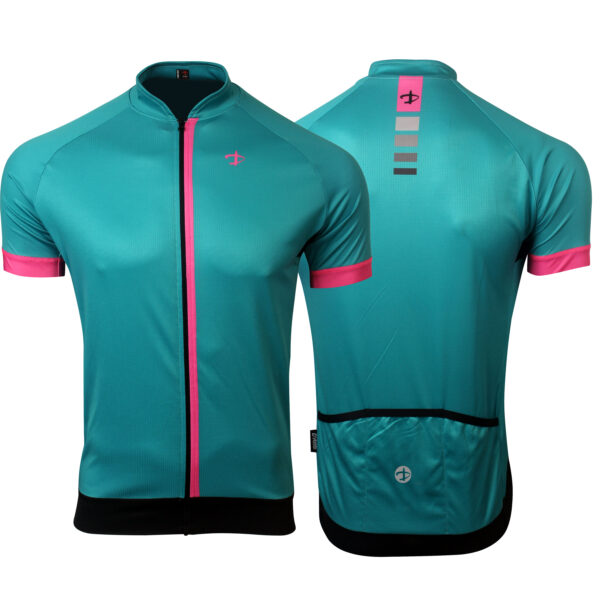 Maglia estiva da ciclismo maniche corte, modello Delta. Tessuto elasticizzato, zip lunga, grafica sublimata. Marca Deko Sports. Colore verde acqua/rosa.