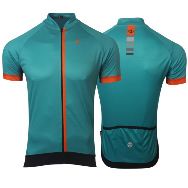 Maglia estiva da ciclismo maniche corte, modello Delta. Tessuto elasticizzato, zip lunga, grafica sublimata. Marca Deko Sports. Colore verde acqua/arancio.