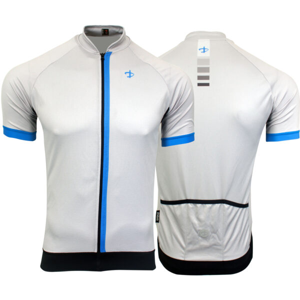 Maglia estiva da ciclismo maniche corte, modello Delta. Tessuto elasticizzato, zip lunga, grafica sublimata. Marca Deko Sports. Colore grigio/turchese.