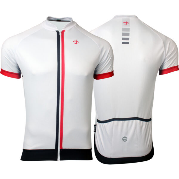 Maglia estiva da ciclismo maniche corte, modello Delta. Tessuto elasticizzato, zip lunga, grafica sublimata. Marca Deko Sports. Colore bianco/nero/rosso.