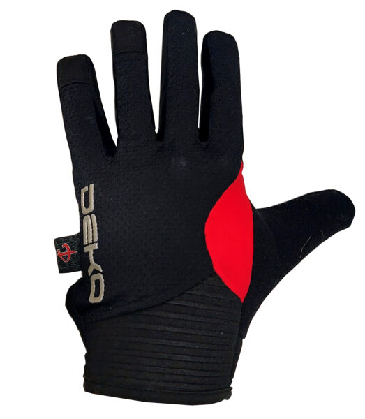 Guanti ciclista estivi a dita lunghe, modello Wild. Marca Deko Sports. Colore nero/rosso.