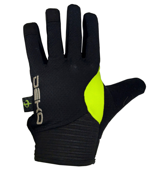 Guanti ciclista estivi a dita lunghe, modello Wild. Marca Deko Sports. Colore nero/giallo fluorescente.