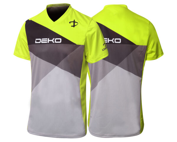 Maglia bmx da ciclismo maniche corte, modello New Freerider. Marca Deko Sports. Colore grigio/nero/giallo fluorescente. Tessuto poliestere e grafica sublimata.